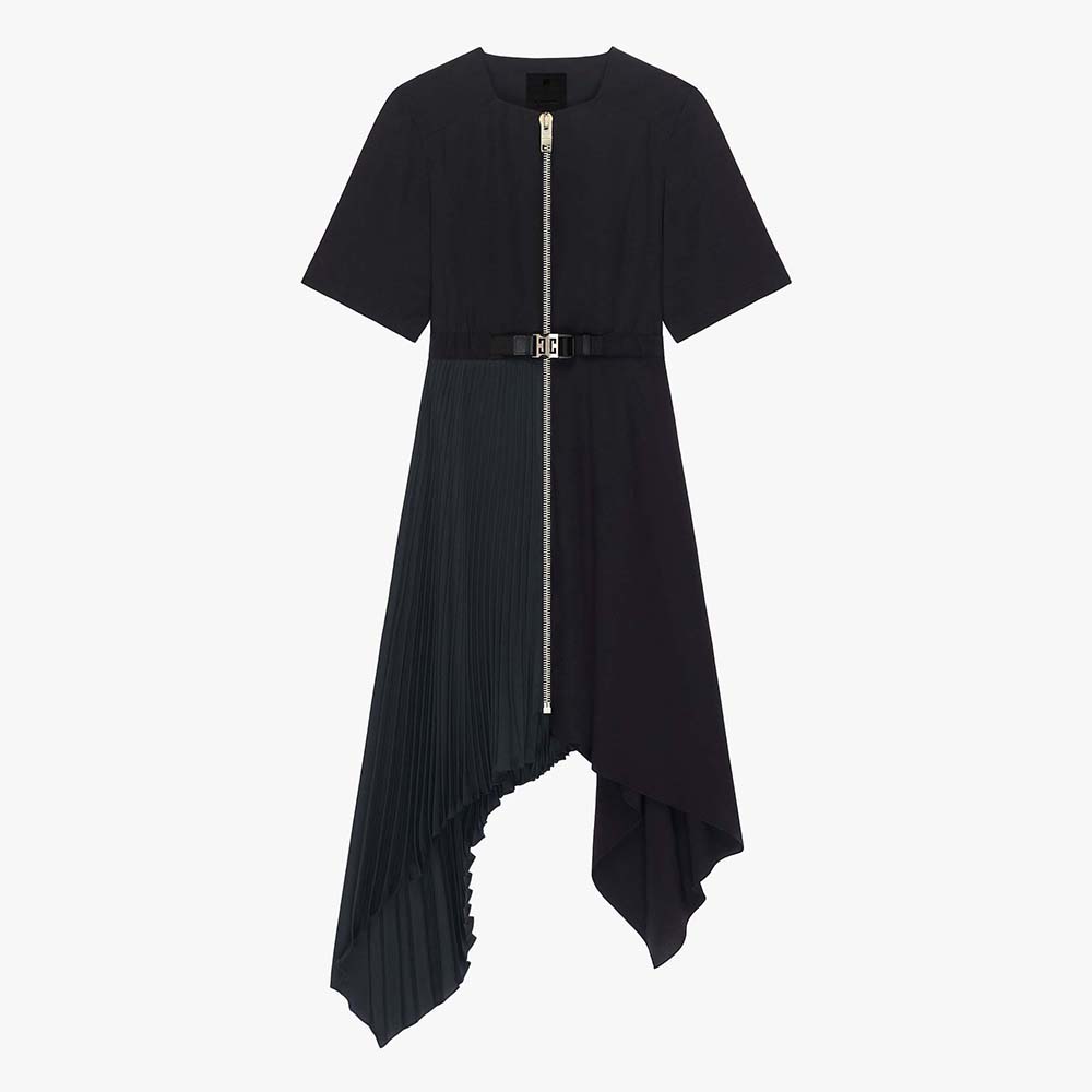 Front view of Givenchy Women Asymmetric Dress in Silk with Metallic Details-Black