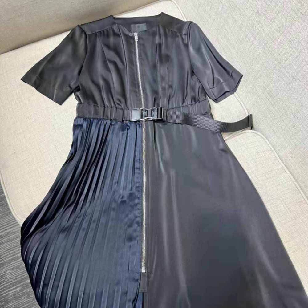 Close-up of metallic details on Givenchy Women Asymmetric Dress in Silk with Metallic Details-Black