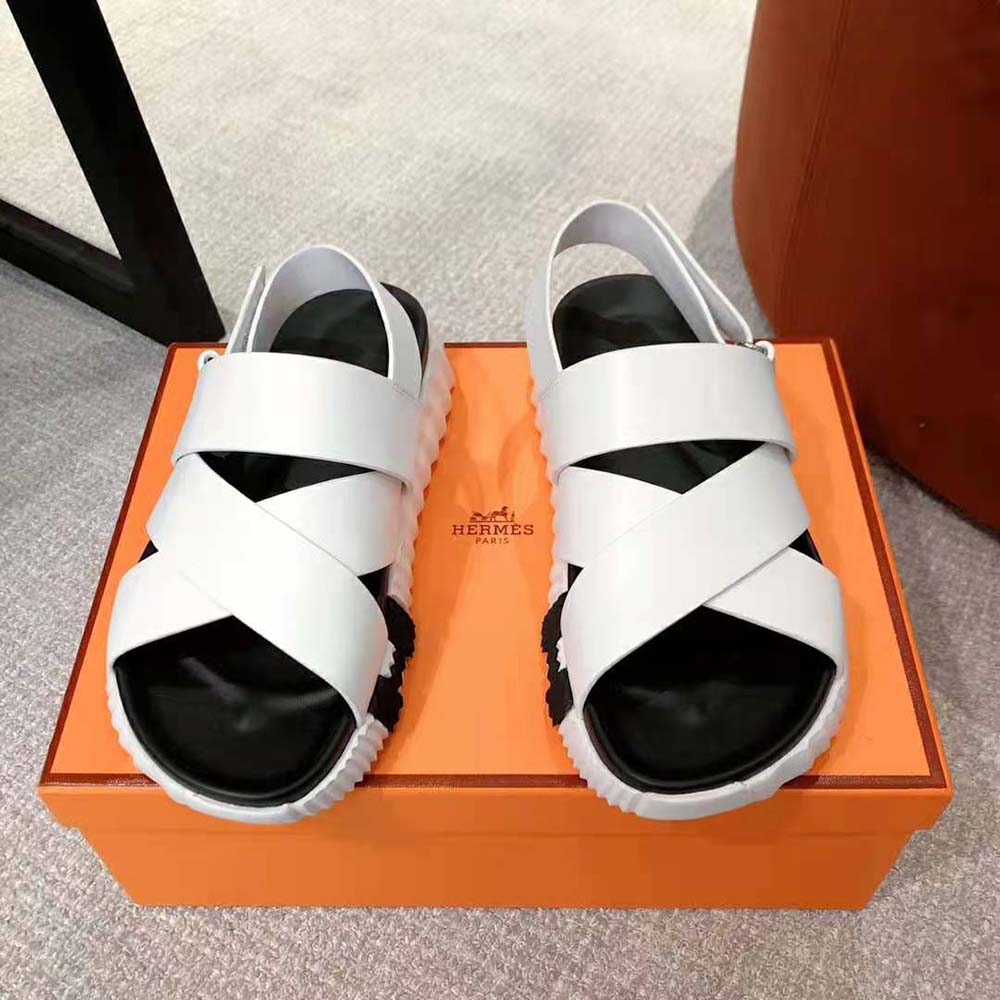 Top-down view of Hermes Women Electric Sandal in pristine white leather