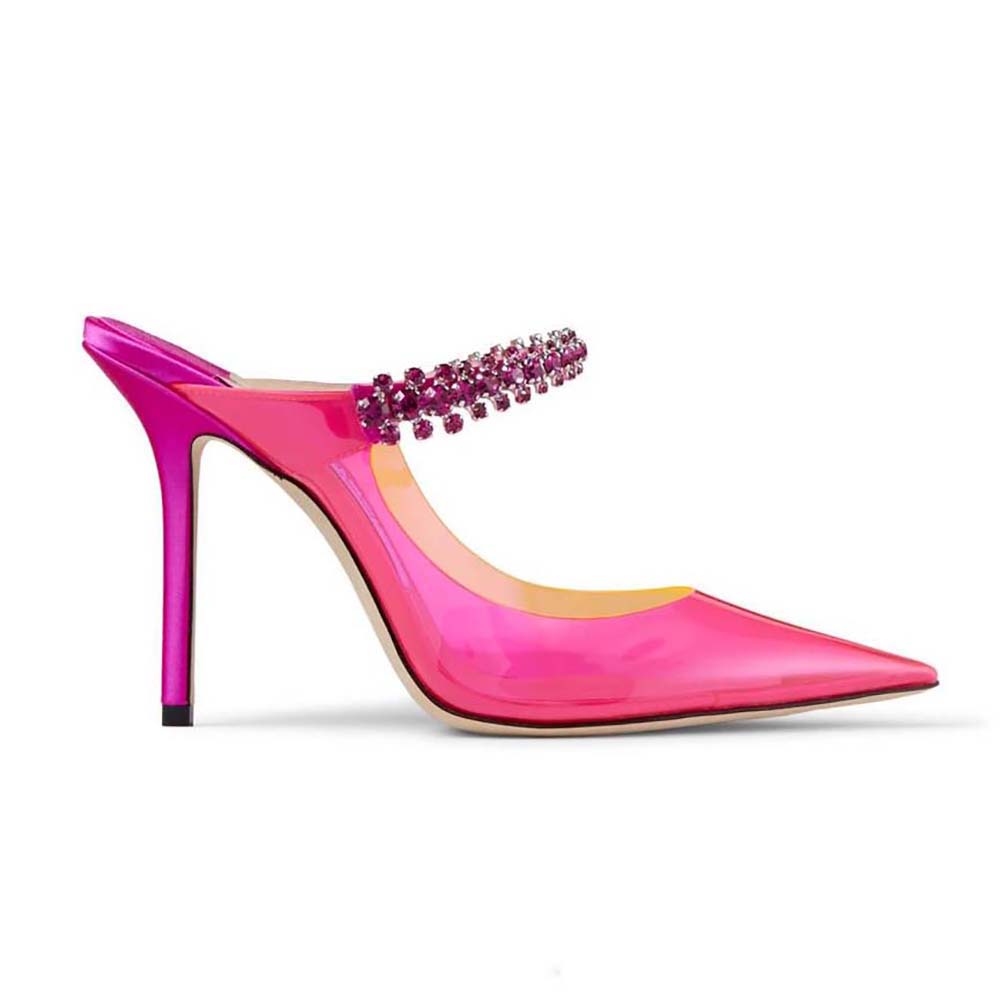 Side view of Jimmy Choo Women Bing 100 Hot Pink Neon Plexi Mules