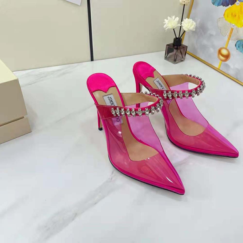 Close-up on pink crystal strap detail of Jimmy Choo Bing 100 mules