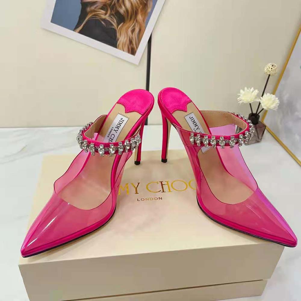 Jimmy Choo Women Bing 100 Hot Pink Neon Plexi Mules with Pink Crystal Strap - image 4