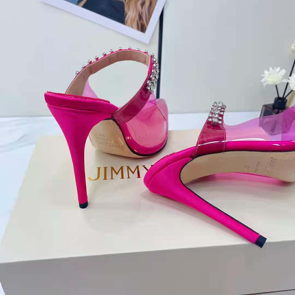 Jimmy Choo Women Bing 100 Hot Pink Neon Plexi Mules with Pink Crystal Strap - image 6