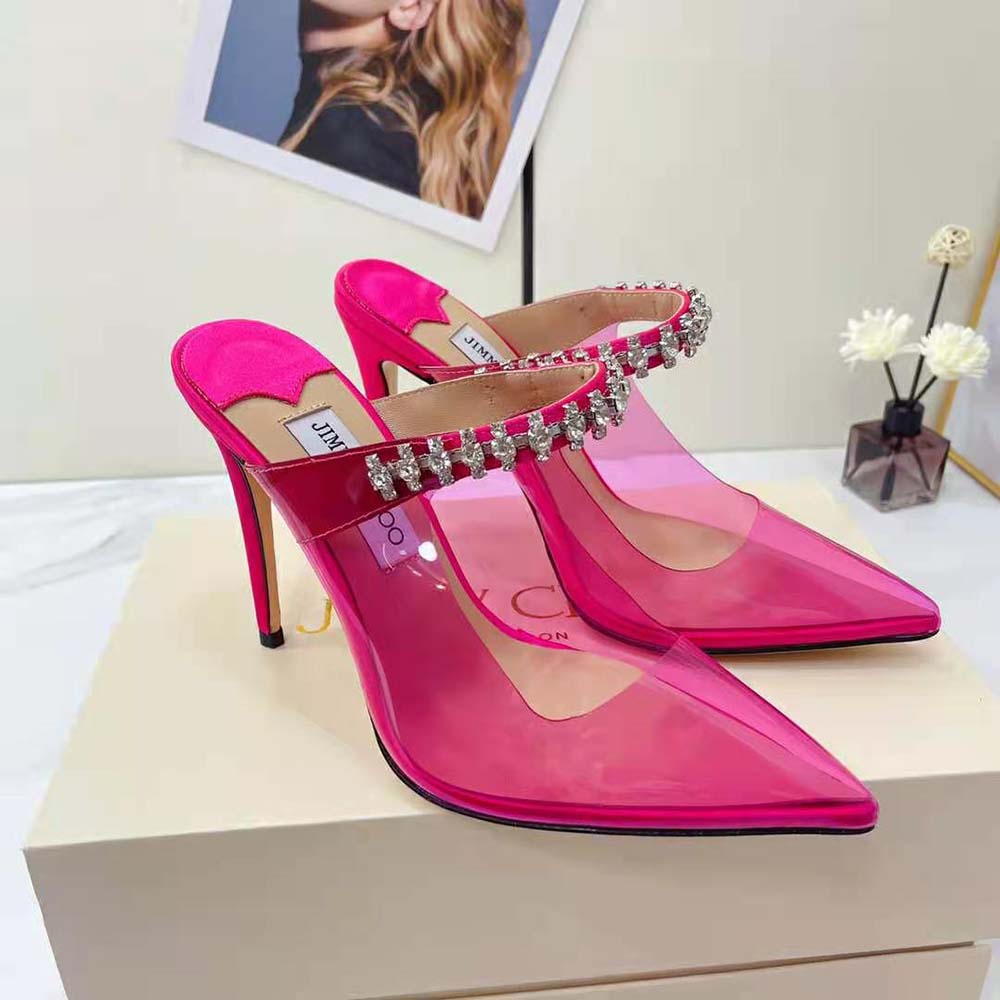 Jimmy Choo Women Bing 100 Hot Pink Neon Plexi Mules with Pink Crystal Strap - image 5