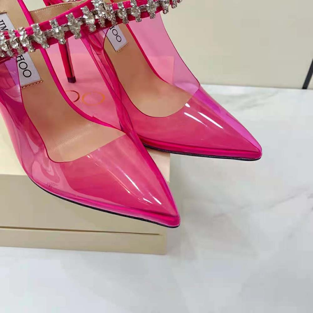 Jimmy Choo Women Bing 100 Hot Pink Neon Plexi Mules with Pink Crystal Strap - image 9
