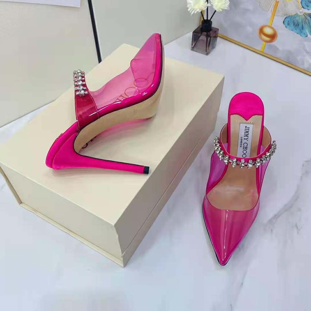 Jimmy Choo Women Bing 100 Hot Pink Neon Plexi Mules with Pink Crystal Strap - image 7