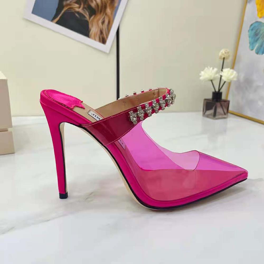 Jimmy Choo Women Bing 100 Hot Pink Neon Plexi Mules with Pink Crystal Strap - image 8