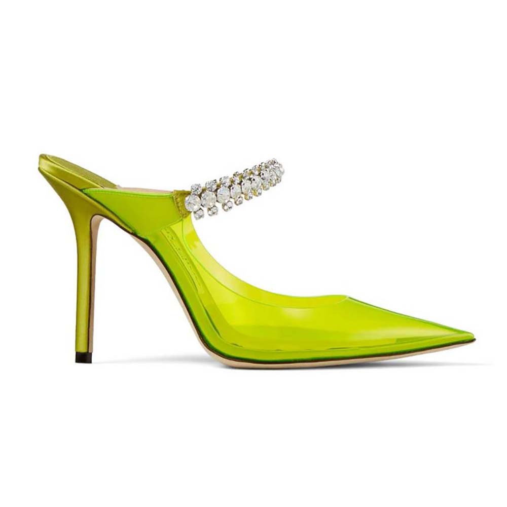Side view of Jimmy Choo Women Bing 100 Neon Yellow Plexi Mules with Yellow Crystal Strap