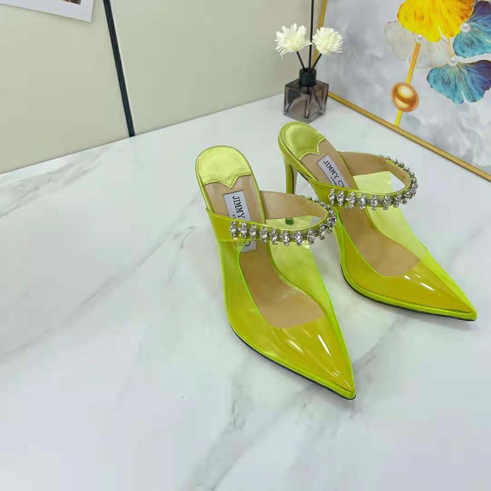 Close-up of yellow crystal strap detail on Jimmy Choo Women Bing 100 Mules