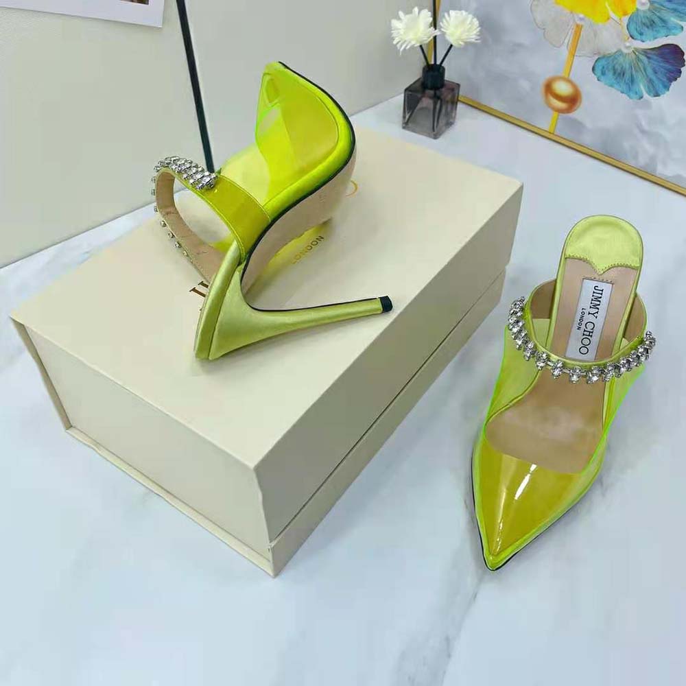 Jimmy Choo Women Bing 100 Neon Yellow Plexi Mules with Yellow Crystal Strap - image 6
