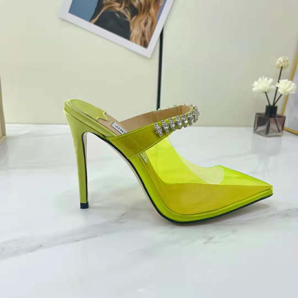 Jimmy Choo Women Bing 100 Neon Yellow Plexi Mules with Yellow Crystal Strap - image 7