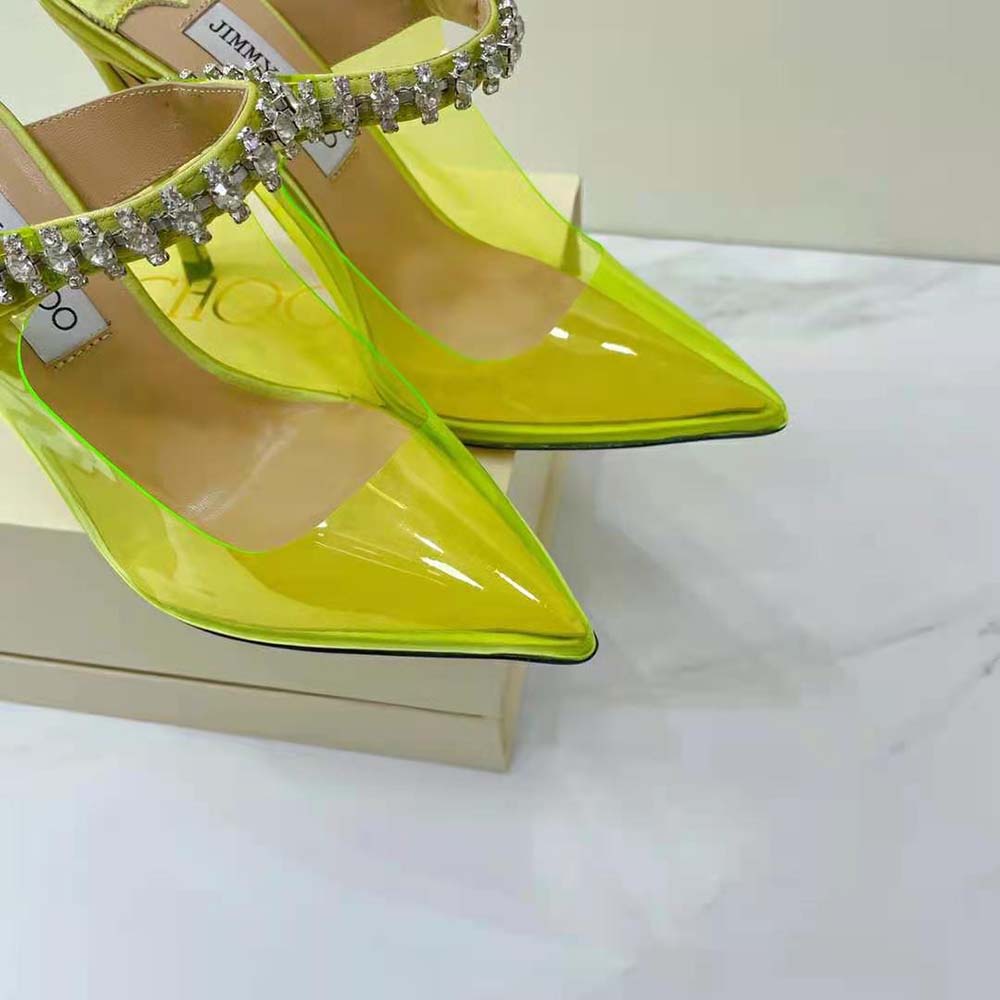 Jimmy Choo Women Bing 100 Neon Yellow Plexi Mules with Yellow Crystal Strap - image 9