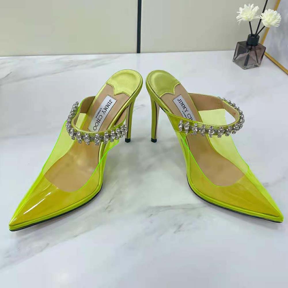 Jimmy Choo Women Bing 100 Neon Yellow Plexi Mules with Yellow Crystal Strap - image 5