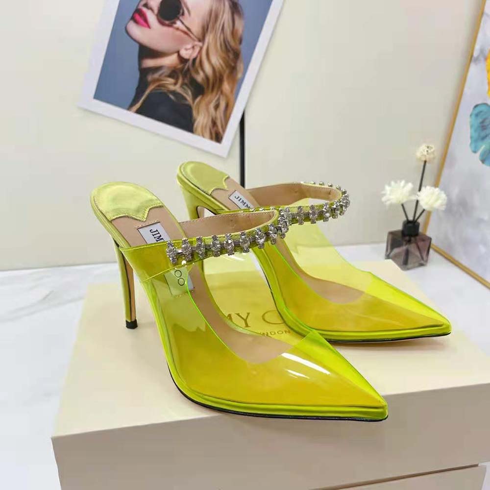 Jimmy Choo Women Bing 100 Neon Yellow Plexi Mules with Yellow Crystal Strap - image 4