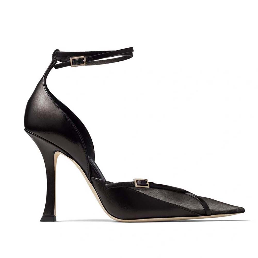 Side view of Jimmy Choo Women Mugler Strap Pump in black kid leather