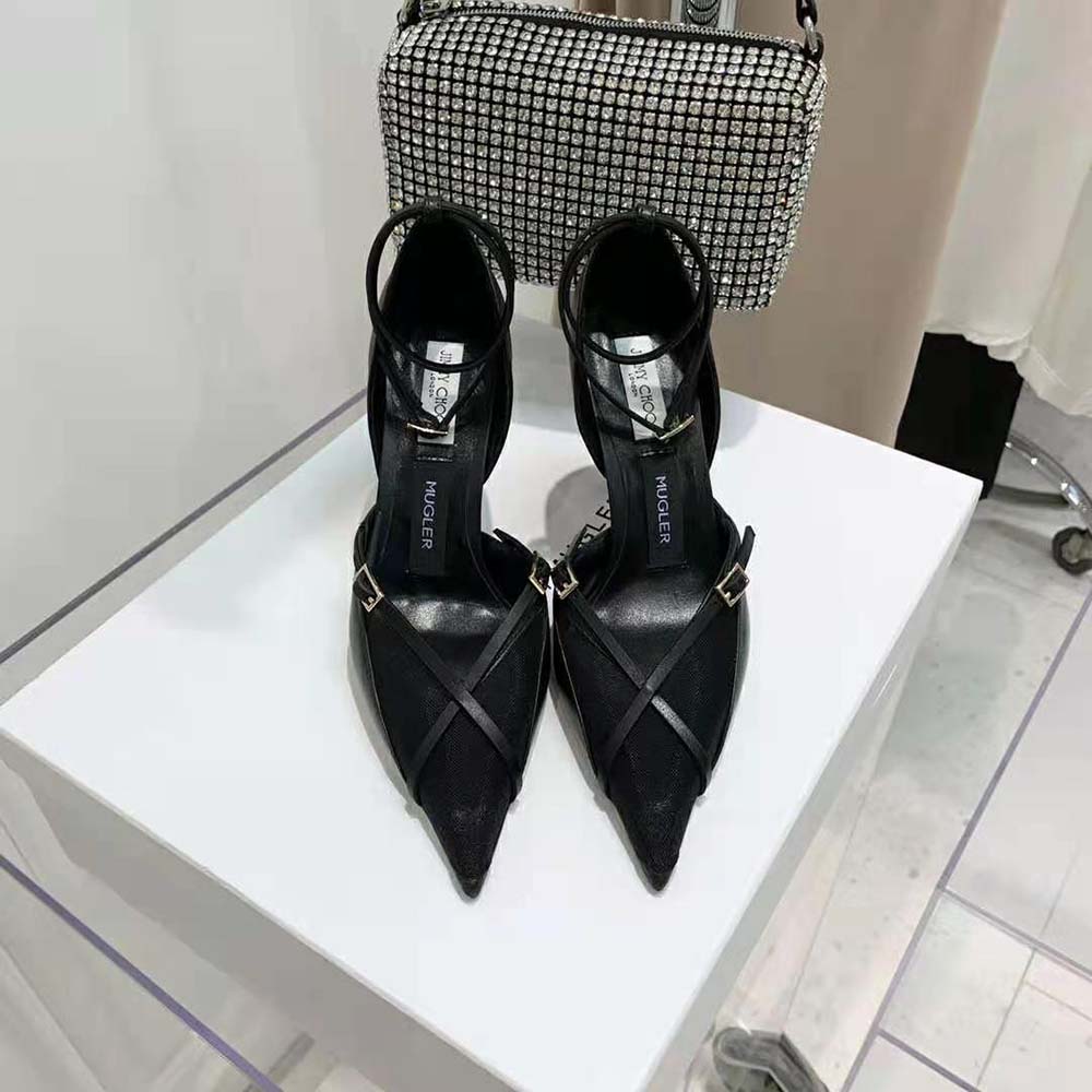 Close-up of mesh and strap details on Jimmy Choo Women Mugler Pump