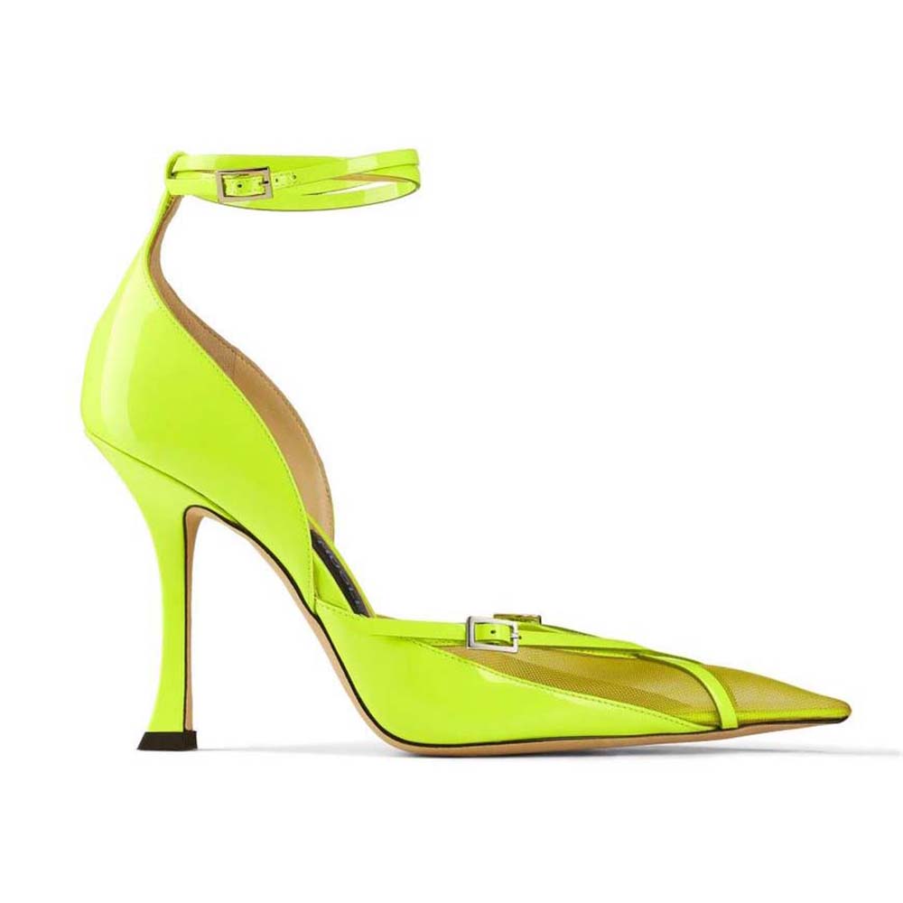 Side view of Jimmy Choo Women Mugler Strap Pump Neon Yellow Patent and Mesh Pumps