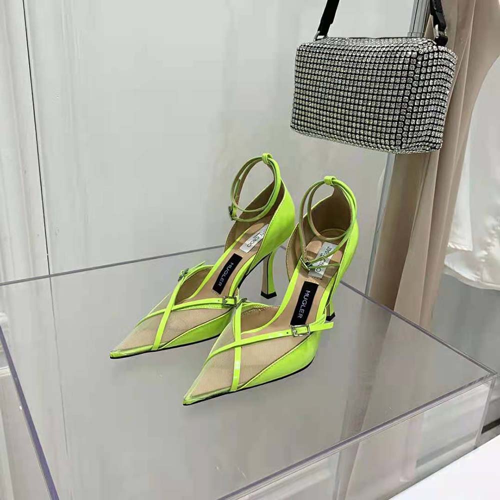 Detail of silver buckle strap on Jimmy Choo Women Mugler Strap Pump Neon Yellow