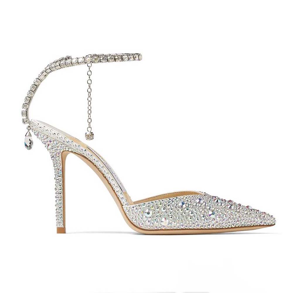Front angle view of Jimmy Choo Women Saeda 100 Ivory Satin Pumps with Crystal Embellishment