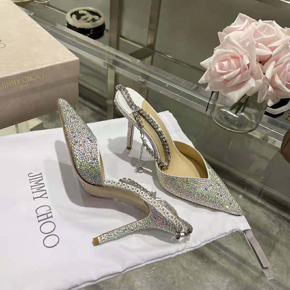 Jimmy Choo Women Saeda 100 Ivory Satin Pumps with Crystal Embellishment - image 5