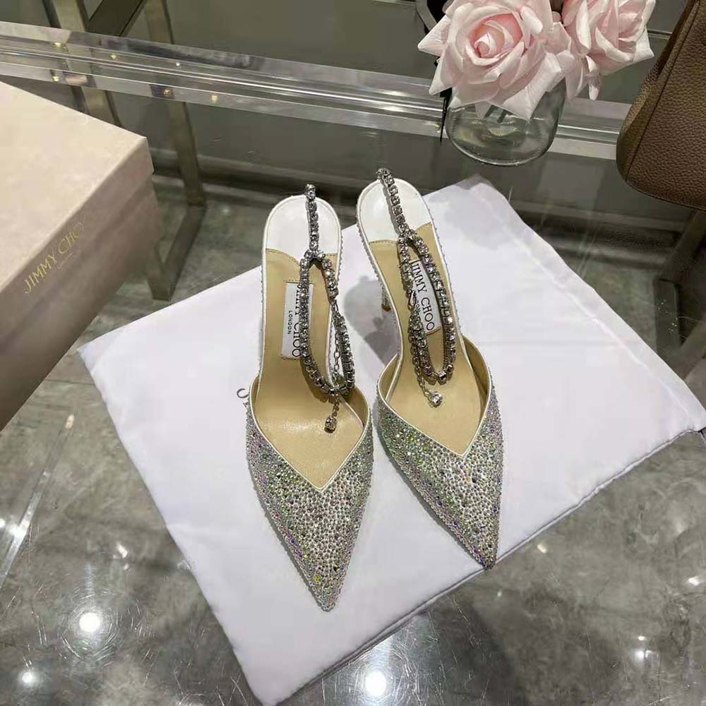 Side profile of silver stiletto heel on Jimmy Choo Women Saeda 100 Satin Pumps