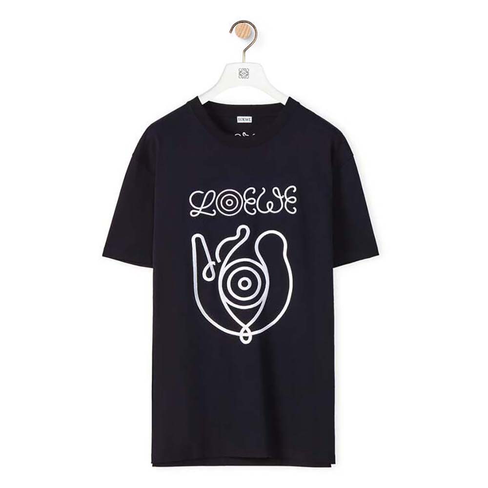 Front view of Loewe Men Embroidered T-shirt in Organic Cotton-Black