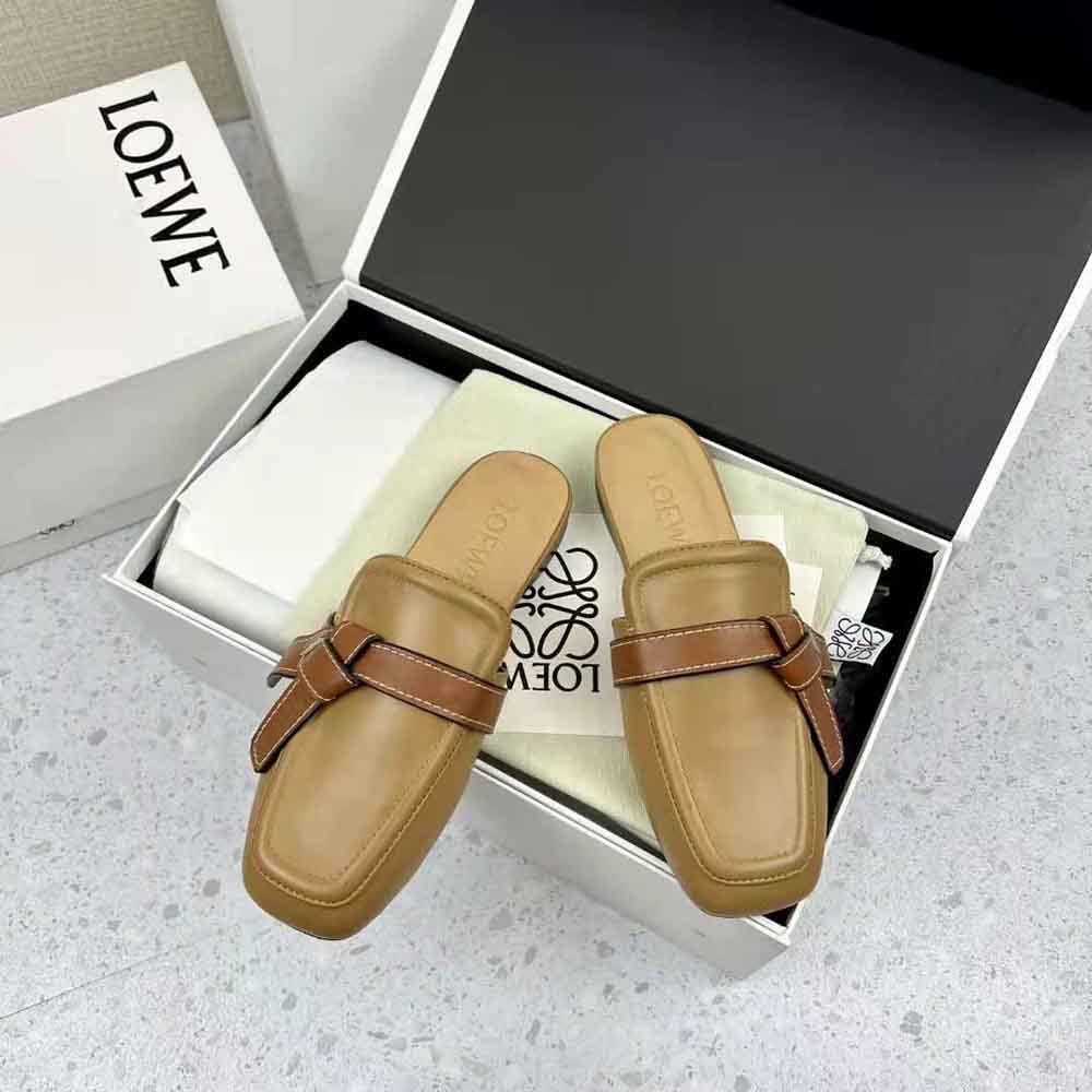 Back angle of Loewe Women Gate Flat Mule highlighting leather finish