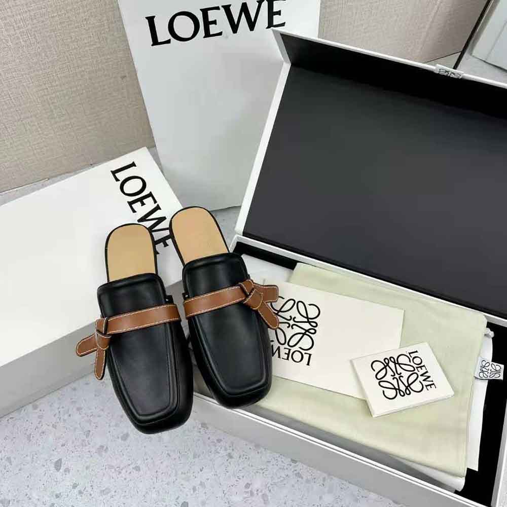 Overhead view showcasing brown leather texture of Loewe Women Gate Flat Mule