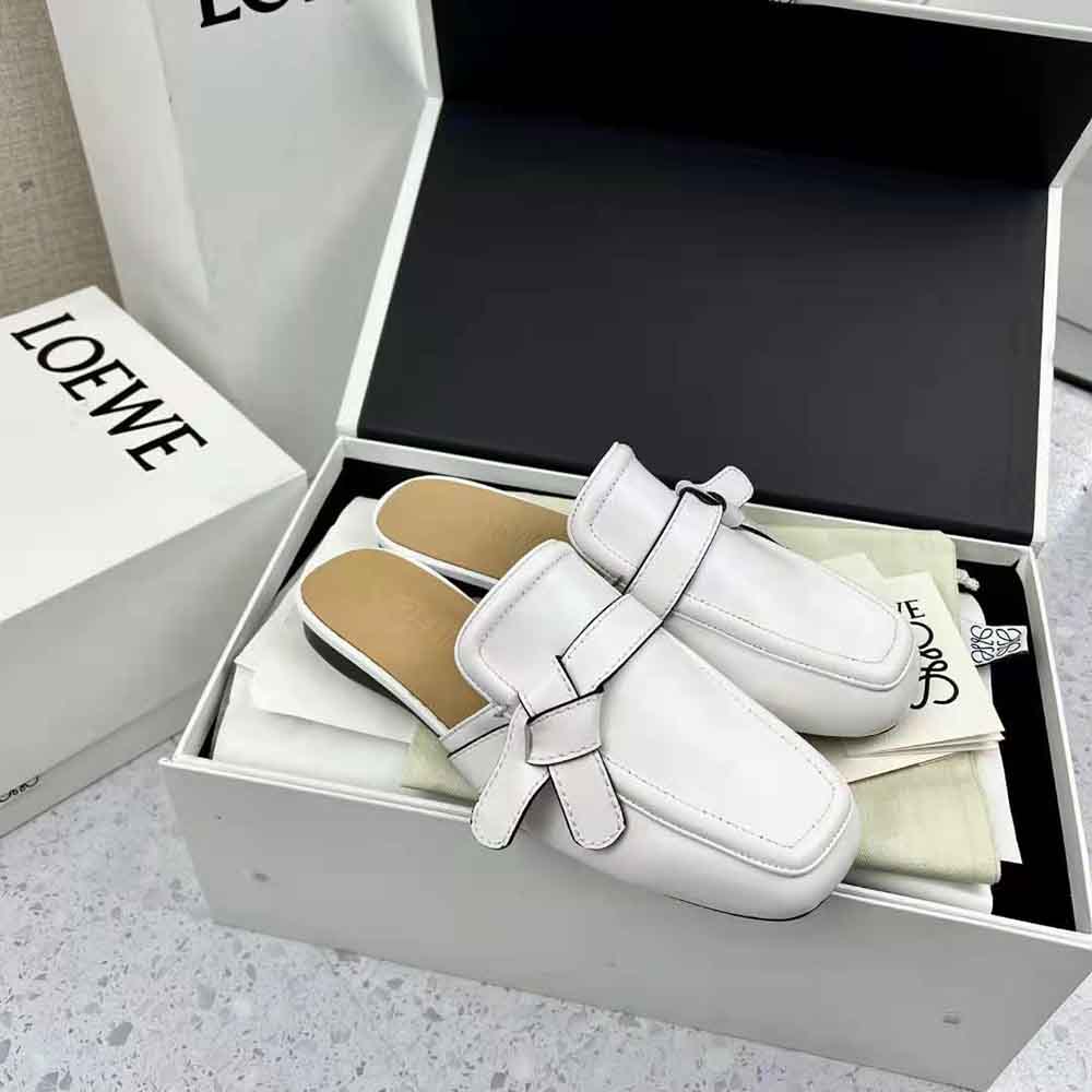 Top view showing white calfskin and slip-on design of Loewe Women Gate Flat Mule