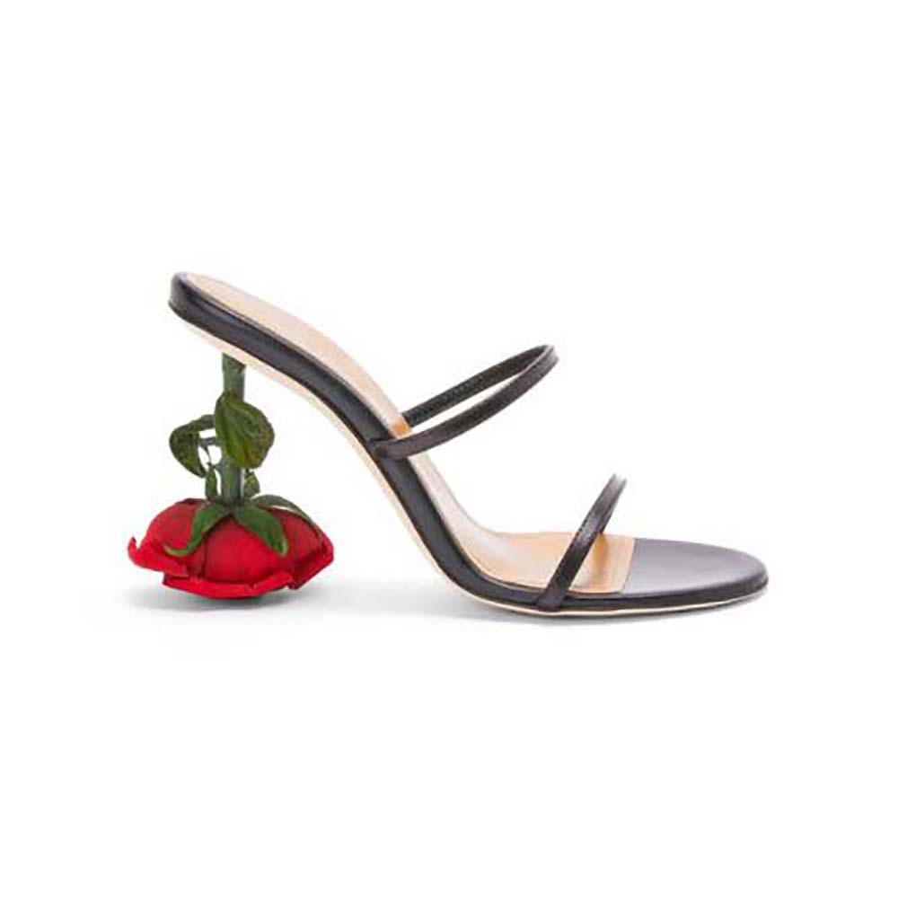 Side view of Loewe Women Rose Heel Sandal in black goatskin