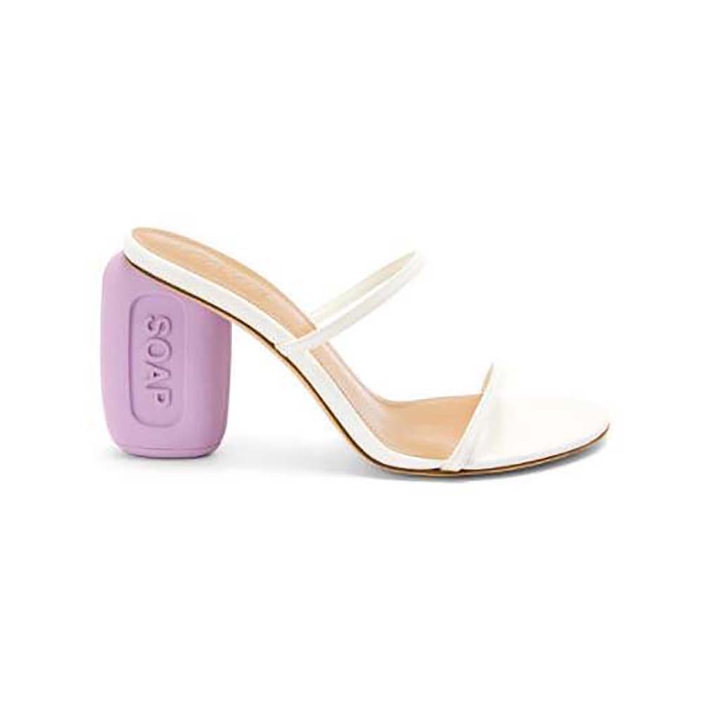 Side view of Loewe Women Soap Sandal in Goatskin 9cm Heel Height-White