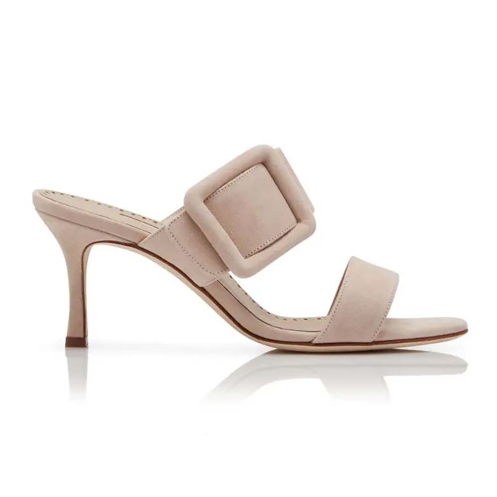 Side view of Manolo Blahnik Women Light Beige Suede Open Toe Mules