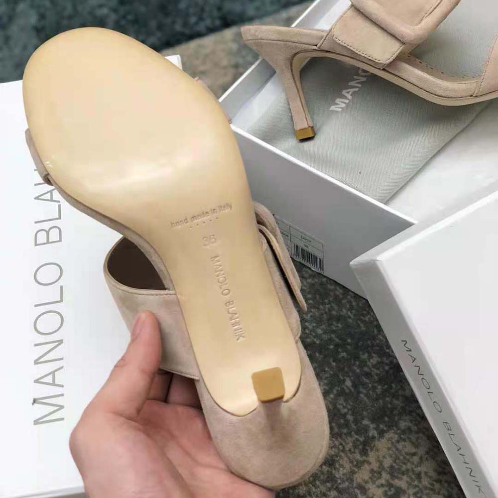 Manolo Blahnik Women Light Beige Suede Open Toe Mules - image 10