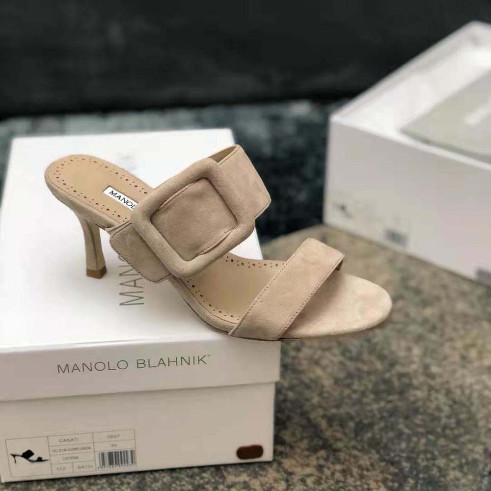 Manolo Blahnik Women Light Beige Suede Open Toe Mules - image 7