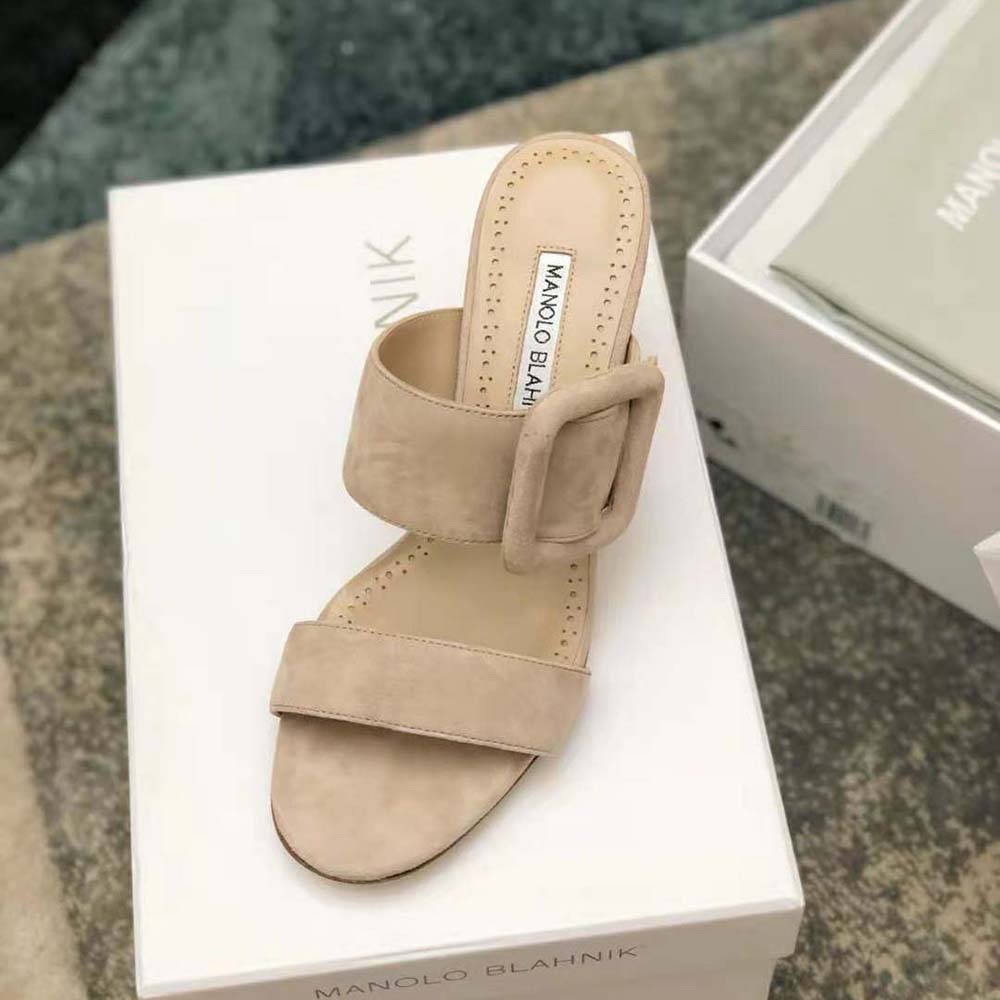 Manolo Blahnik Women Light Beige Suede Open Toe Mules - image 9