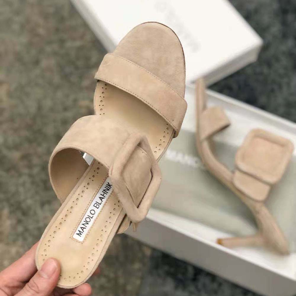 Manolo Blahnik Women Light Beige Suede Open Toe Mules - image 6