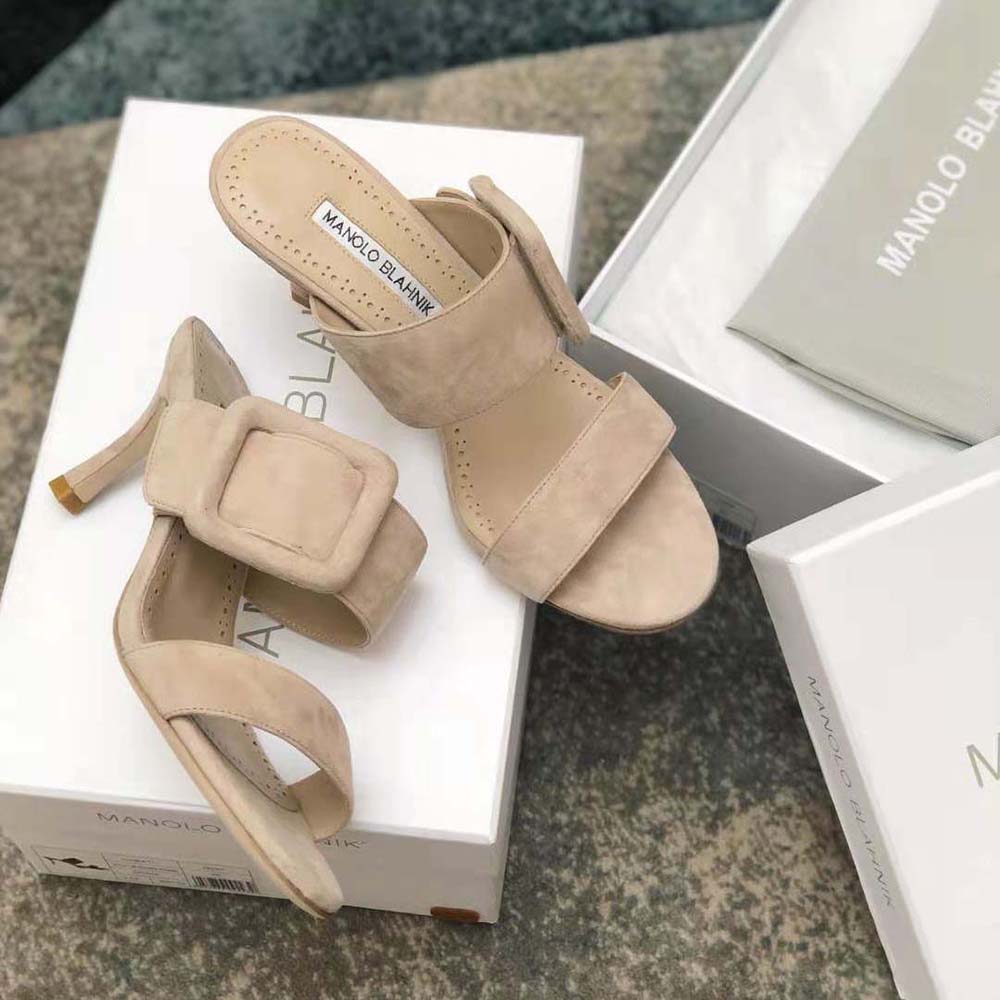 Manolo Blahnik Women Light Beige Suede Open Toe Mules - image 4
