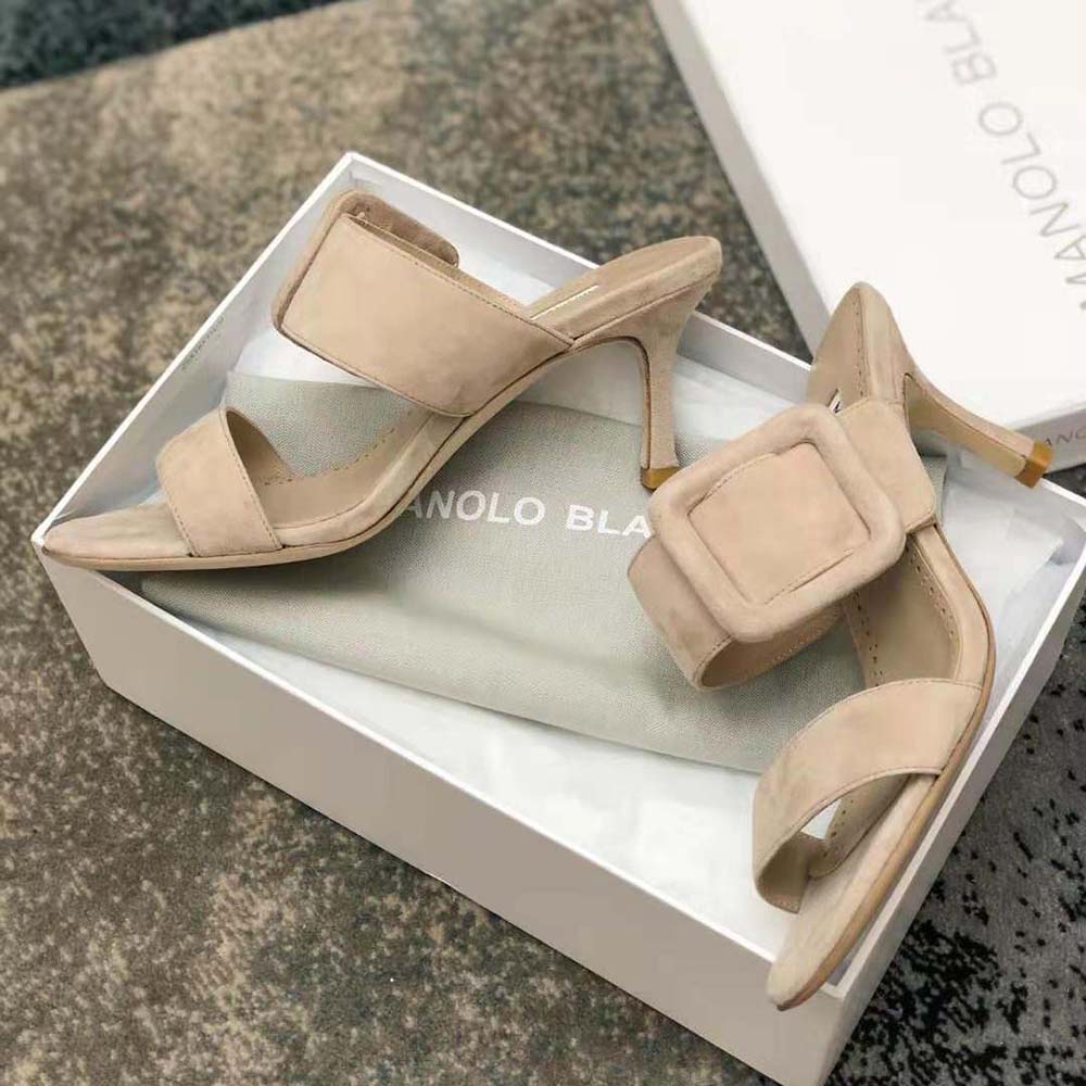 Manolo Blahnik Women Light Beige Suede Open Toe Mules - image 5