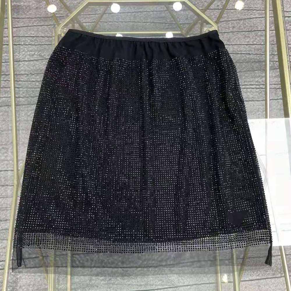 Close-up of micro stud detailing on Prada Women Chiffon Mini Skirt with Micro Studs-Black