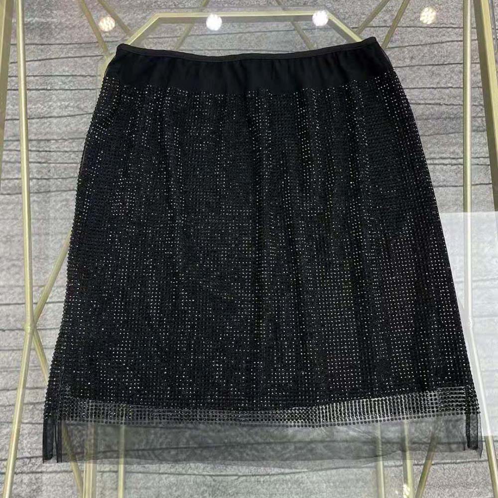 Side angle showing silhouette of Prada Women Chiffon Mini Skirt with Micro Studs-Black