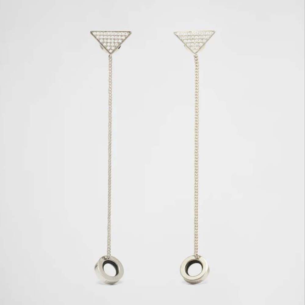 Front view of Prada Women Crystal Logo Jewels AirPods Pendant Earrings silver shine