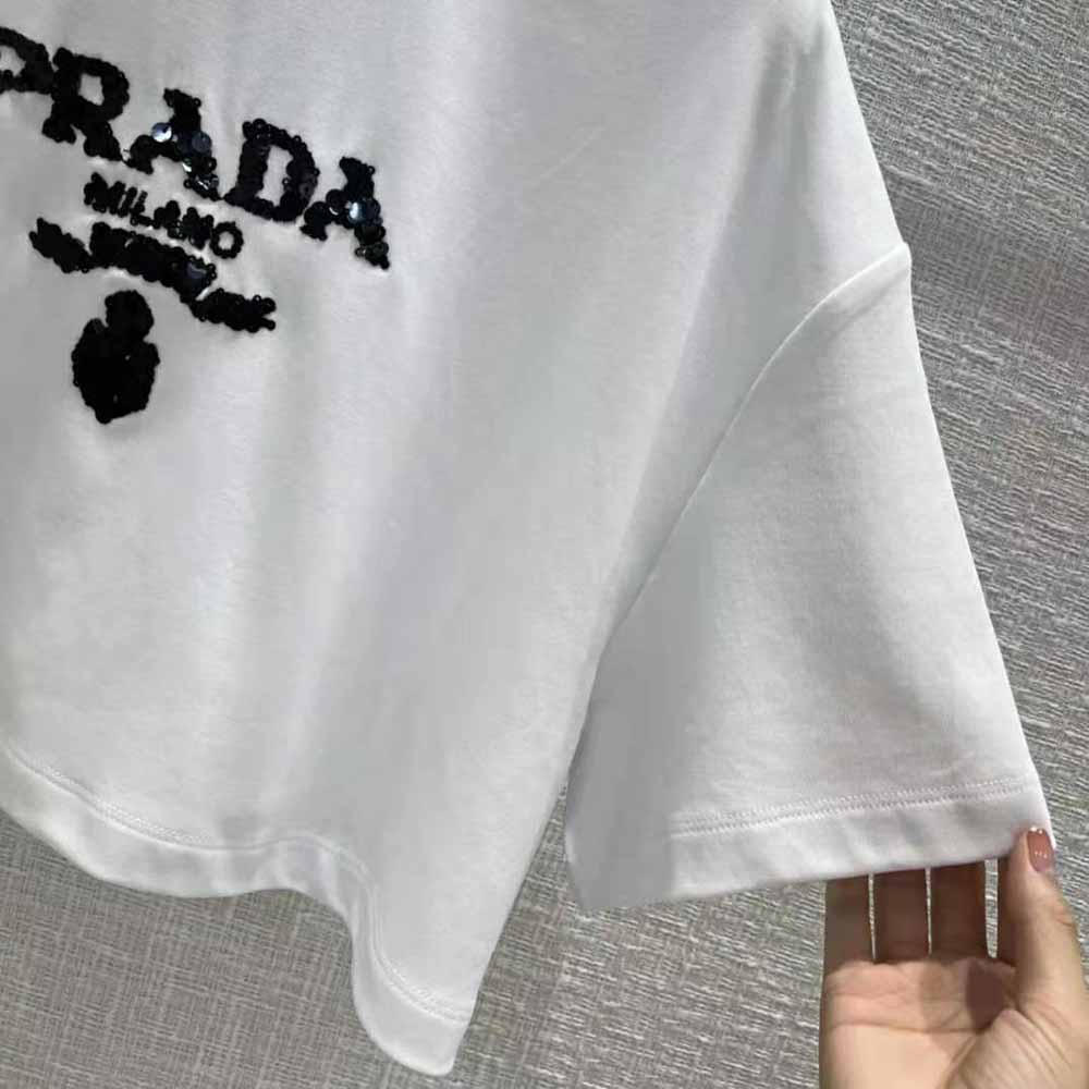 Prada Women Embroidered Interlock Crop T-shirt-White - image 5