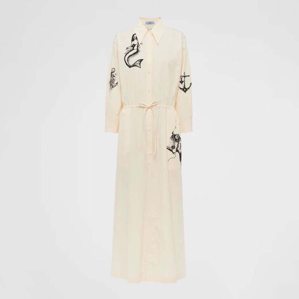 Front view of Prada Women Printed Canvas Dress in white with motifs
