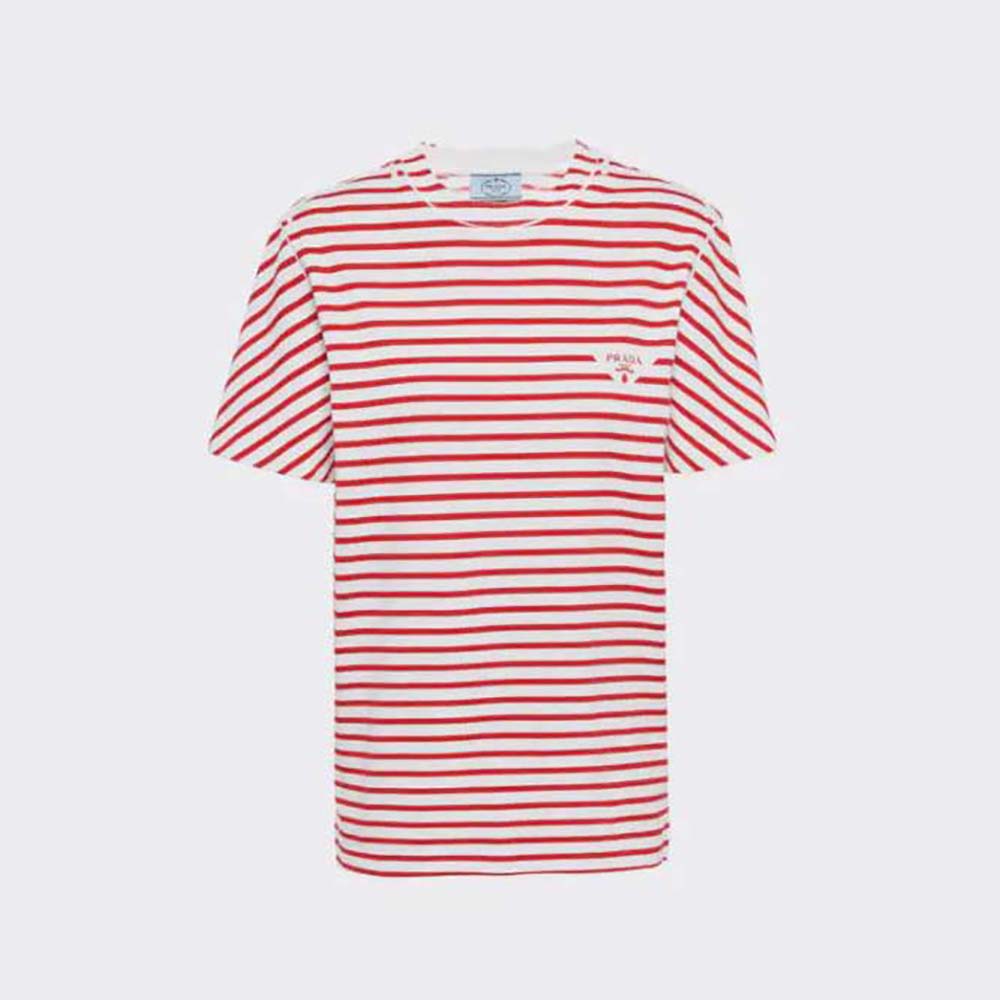 Front view of Prada Women Printed Interlock T-shirt-Red showing signature print