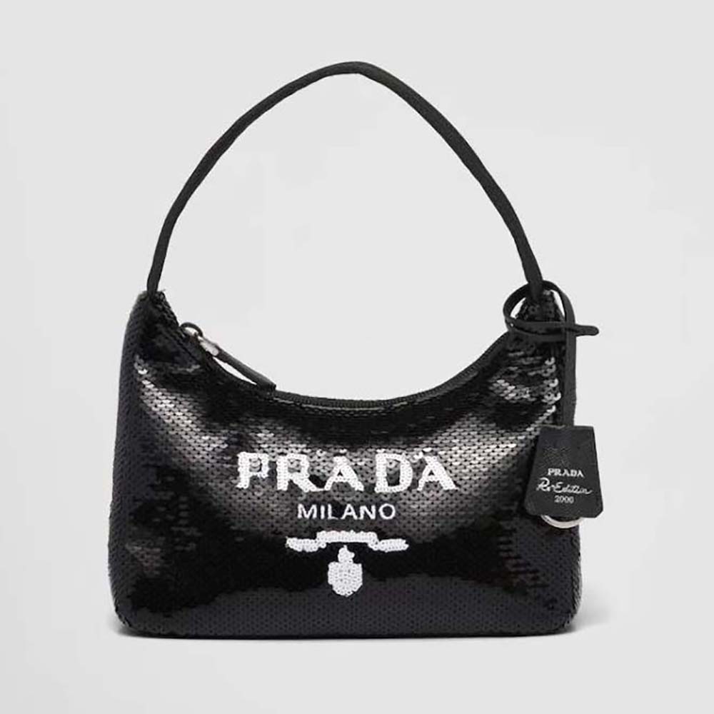 Front view of Prada Women Re-Edition 2000 Sequined Re-Nylon Mini-Bag-Black