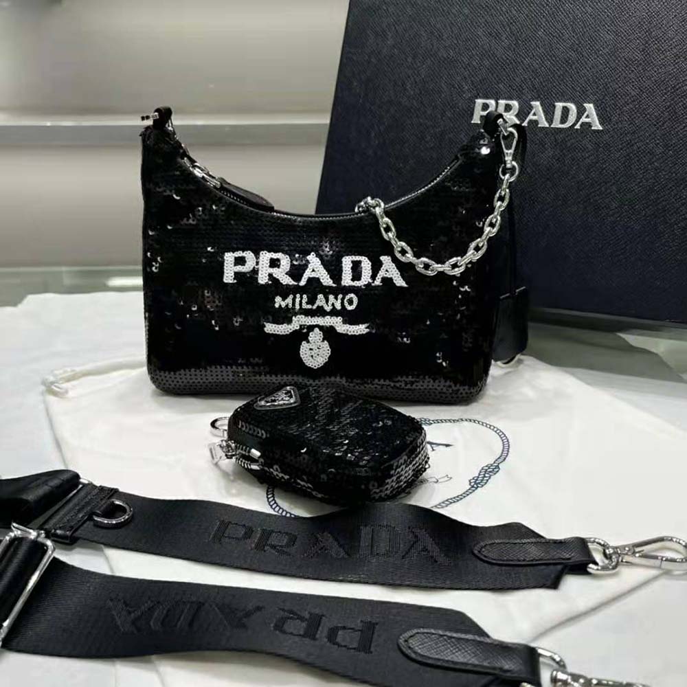Close-up of sequined detail and Prada logo on mini-bag