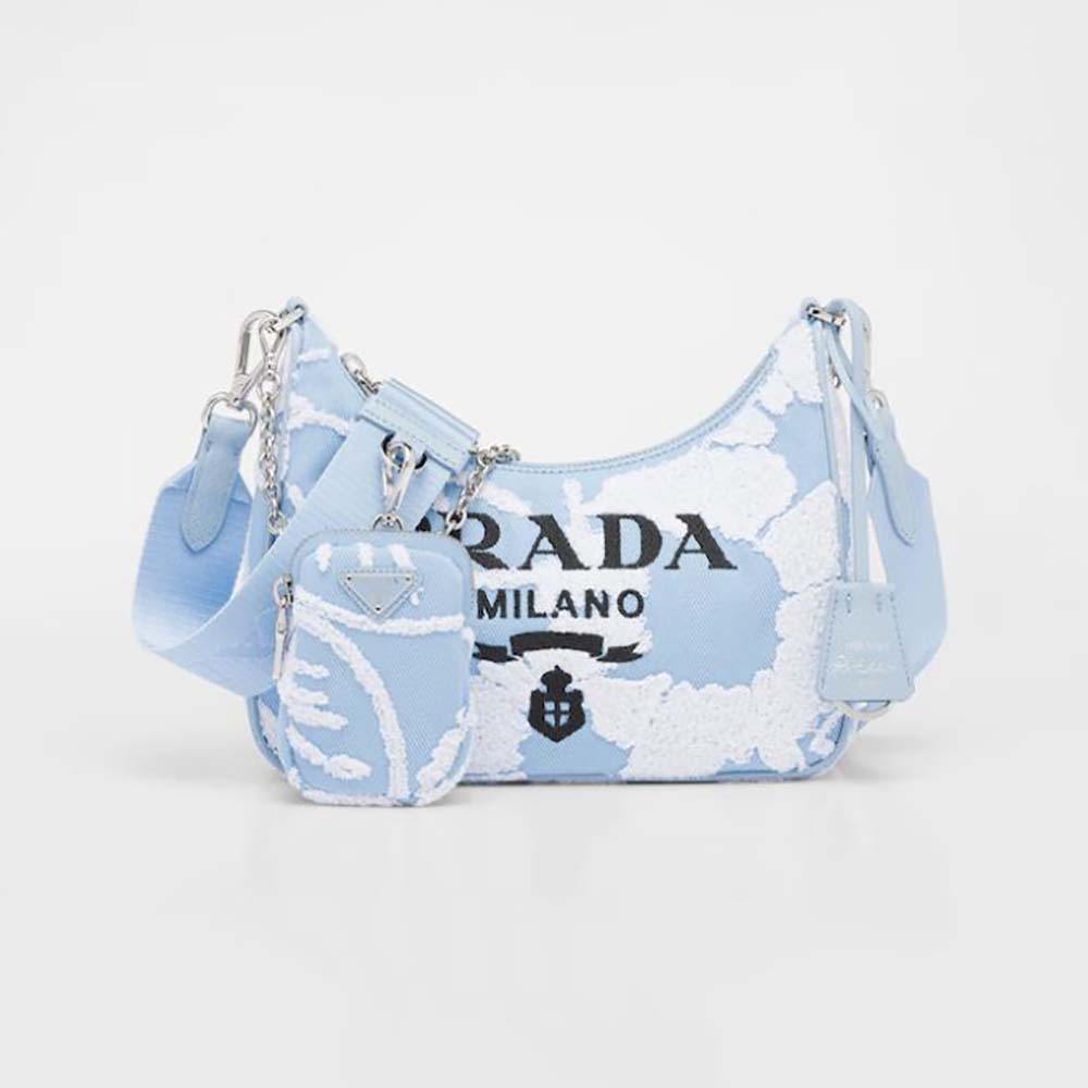 Front view of Prada Women Re-Edition 2006 Embroidered Drill Shoulder Bag-Blue