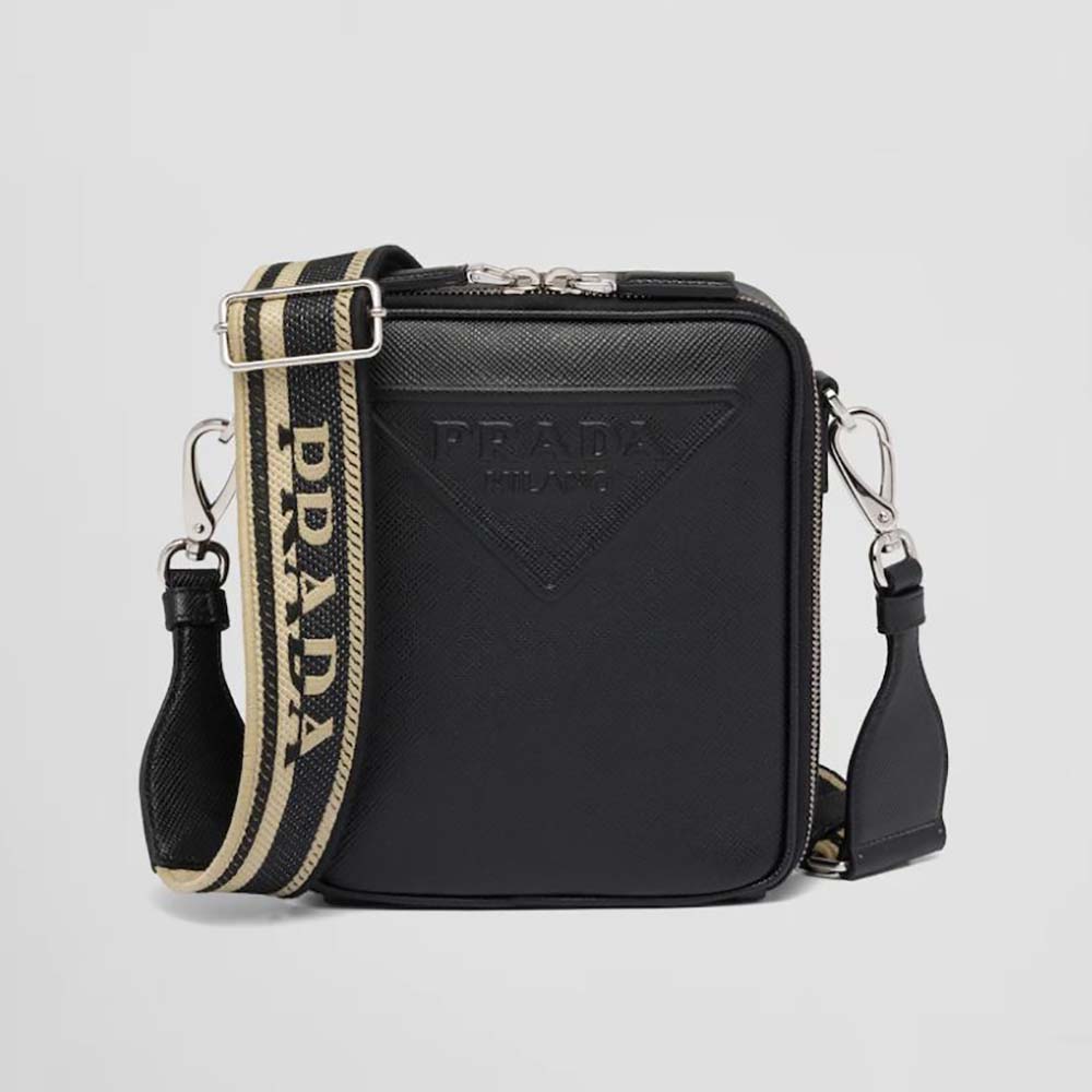 Front view of Prada Women Saffiano Leather Shoulder Bag-Black showing flap