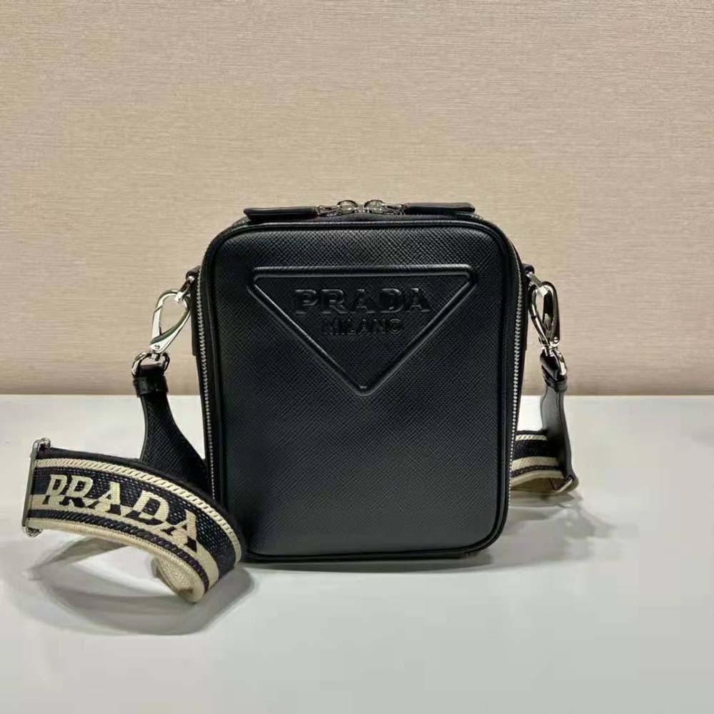 Close-up of gold hardware detail on Prada Women Saffiano Leather Shoulder Bag-Black