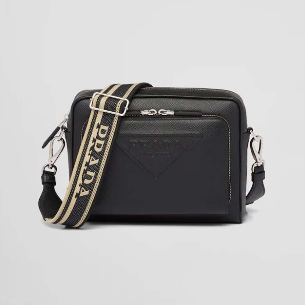 Front view of Prada Men Saffiano Leather Shoulder Bag With Iconic Prada Material-Black